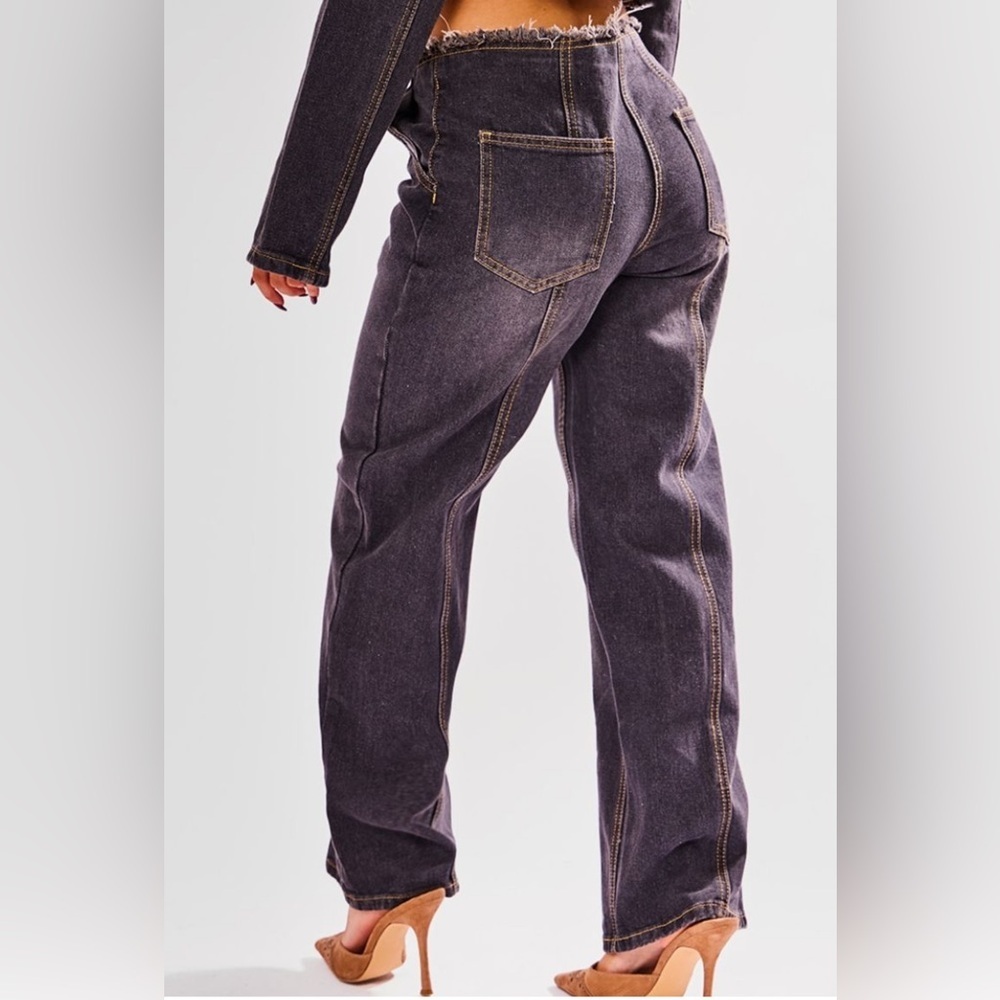 PRETTY LITTLE THING | Y2K Dirty Grey Raw Hem Straight Leg Jeans - Picture 3 of 9
